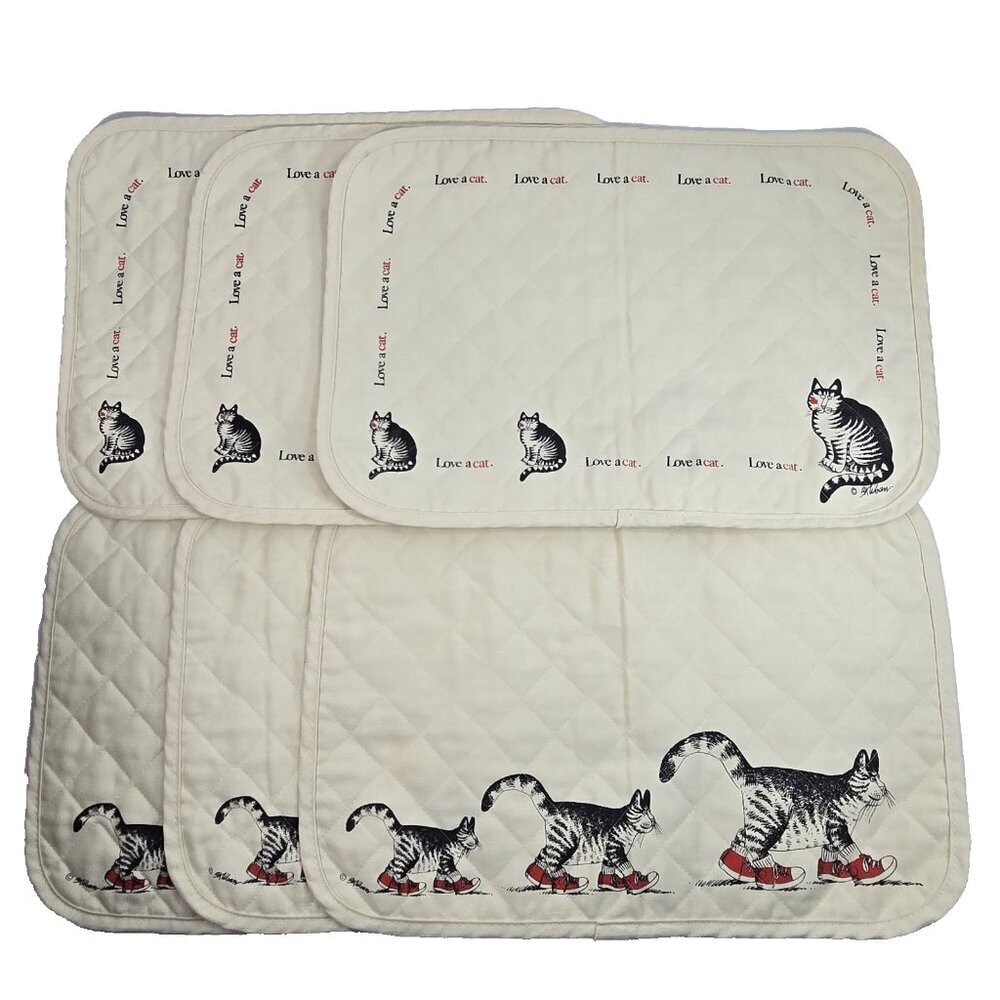 Vintage B Kliban Cat Placemats Lot of 6pc Red Shoes Love a Cat Quilted Cloth